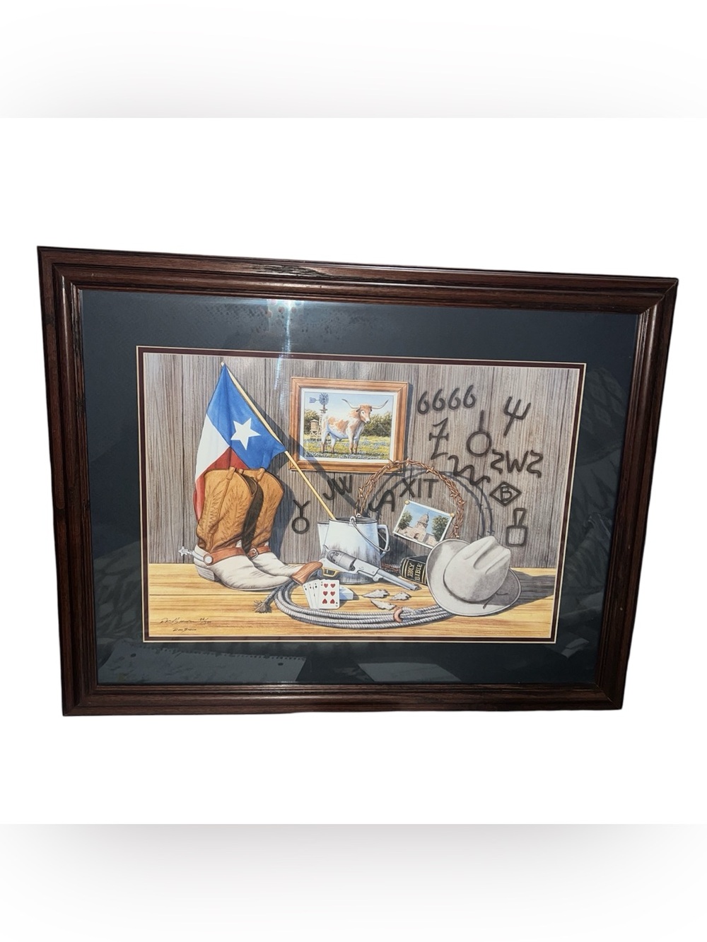 Vintage Dan Brown Signed Texas Art Framed Western Cowboy Still Life Print